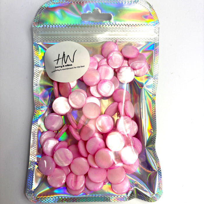 Shell Natural Dyed Mother of Pearl 15mm Disc Pink 3 Strands