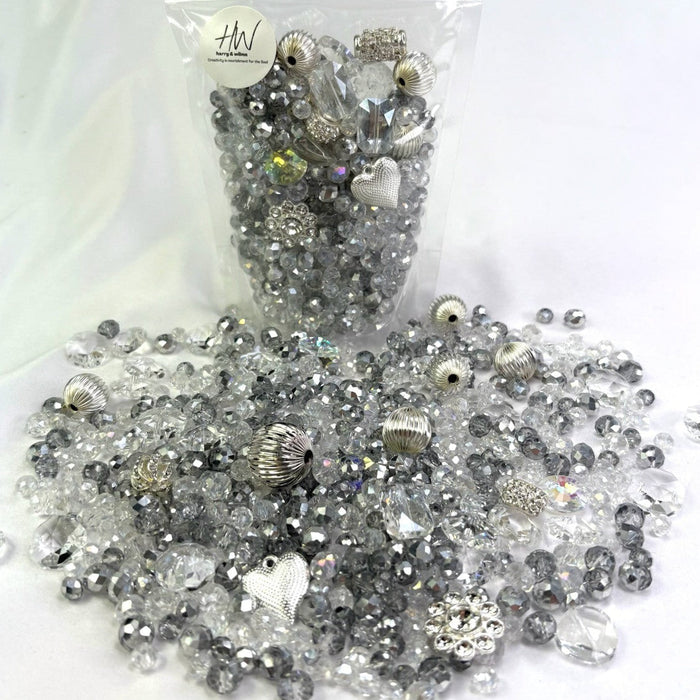Silverado packed full of beautiful beads and crystal features, silver metal balls, silver and clear glass rondels, crystal glass shapes, contains hundreds of beads, weighs approximately 238g