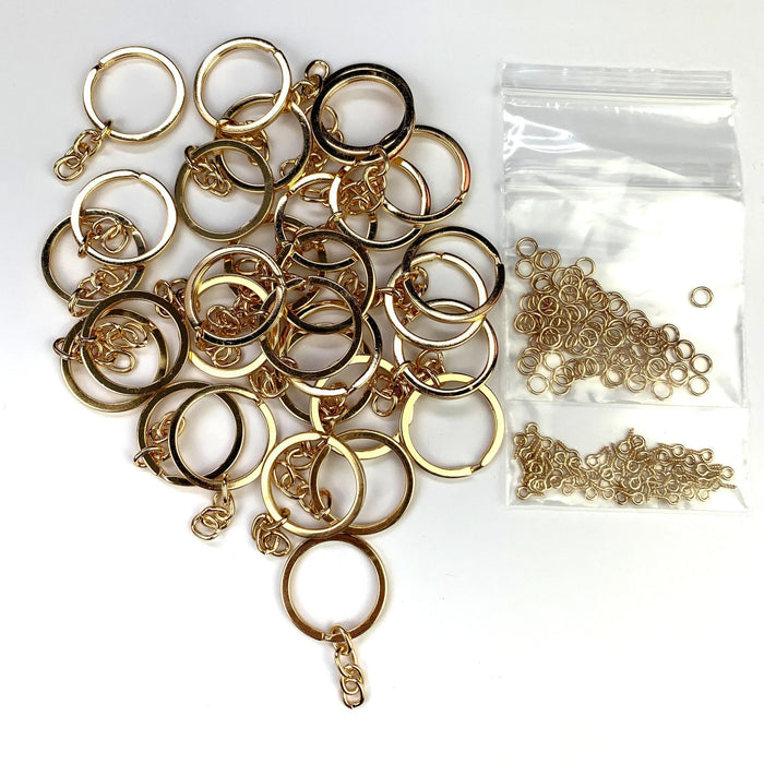 Keyring Set Gold Keyring (30pc), 8mm Jump rings (60pc) Mini screws (60pc) (Nickel Free) - Harry & Wilma